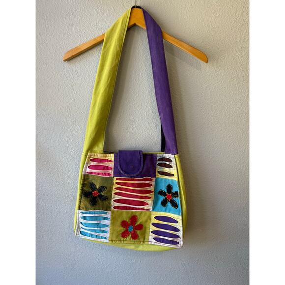 Patchwork Floral Boho Slouch Bag Purple Green - Picture 1 of 8